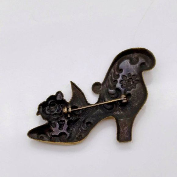 Vintage Brass Repousse Shoe Brooch, Art Nouveau Floral High Heel Victorian Boot - Picture 4 of 4